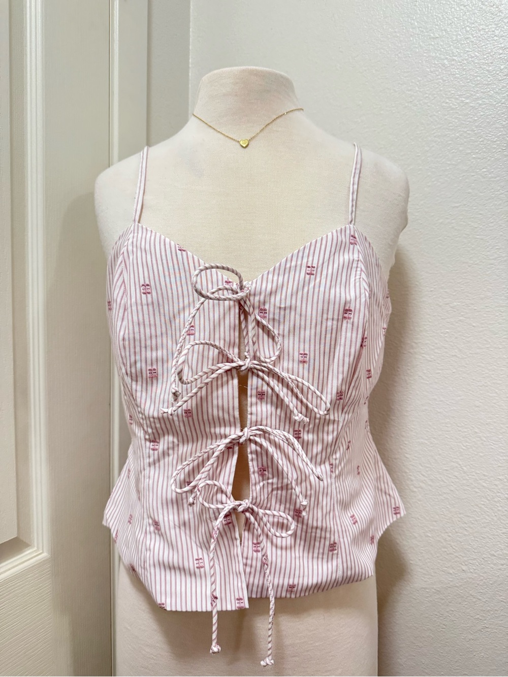 Pink Striped Lace-Up Spaghetti Strap Camisole